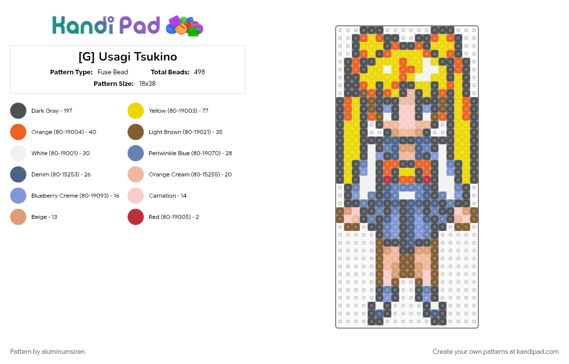 [G] Usagi Tsukino - Fuse Bead Pattern by aluminumsiren on Kandi Pad - anime, blue, character, girl, gray, sailor moon, sailor moon another story, super famicom, superhero, usagi tsukino, yellow
