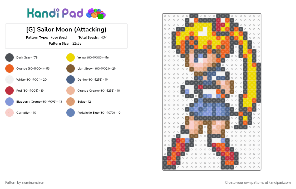 [G] Sailor Moon (Attacking) - Fuse Bead Pattern by aluminumsiren on Kandi Pad - anime, character, girl, gray, orange, sailor moon, sailor moon another story, super famicom, superhero, usagi tsukino, yellow