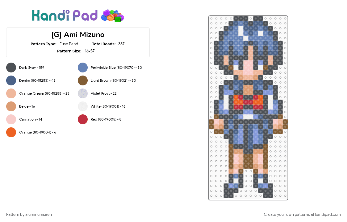 [G] Ami Mizuno - Fuse Bead Pattern by aluminumsiren on Kandi Pad - ami mizuno, anime, beige, blue, character, gray, sailor mercury, sailor moon, sailor moon another story, super famicom, superhero
