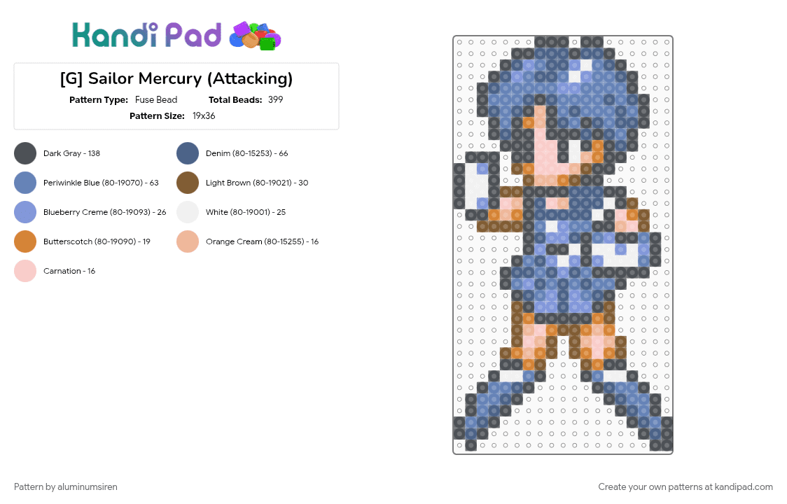[G] Sailor Mercury (Attacking) - Fuse Bead Pattern by aluminumsiren on Kandi Pad - ami mizuno, anime, blue, girl, gray, sailor mercury, sailor moon, sailor moon another story, super famicom, superhero