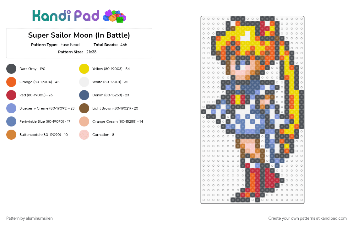 Super Sailor Moon (In Battle) - Fuse Bead Pattern by aluminumsiren on Kandi Pad - anime, character, girl, gray, orange, sailor moon, sailor moon another story, super famicom, superhero, usagi tsukino, yellow