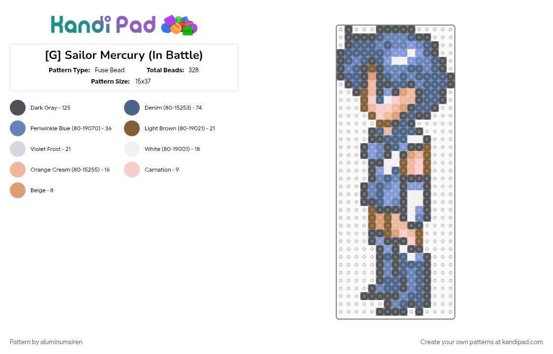 [G] Sailor Mercury (In Battle) - Fuse Bead Pattern by aluminumsiren on Kandi Pad - ami mizuno, anime, blue, character, gray, sailor mercury, sailor moon, sailor moon another story, super famicom, superhero