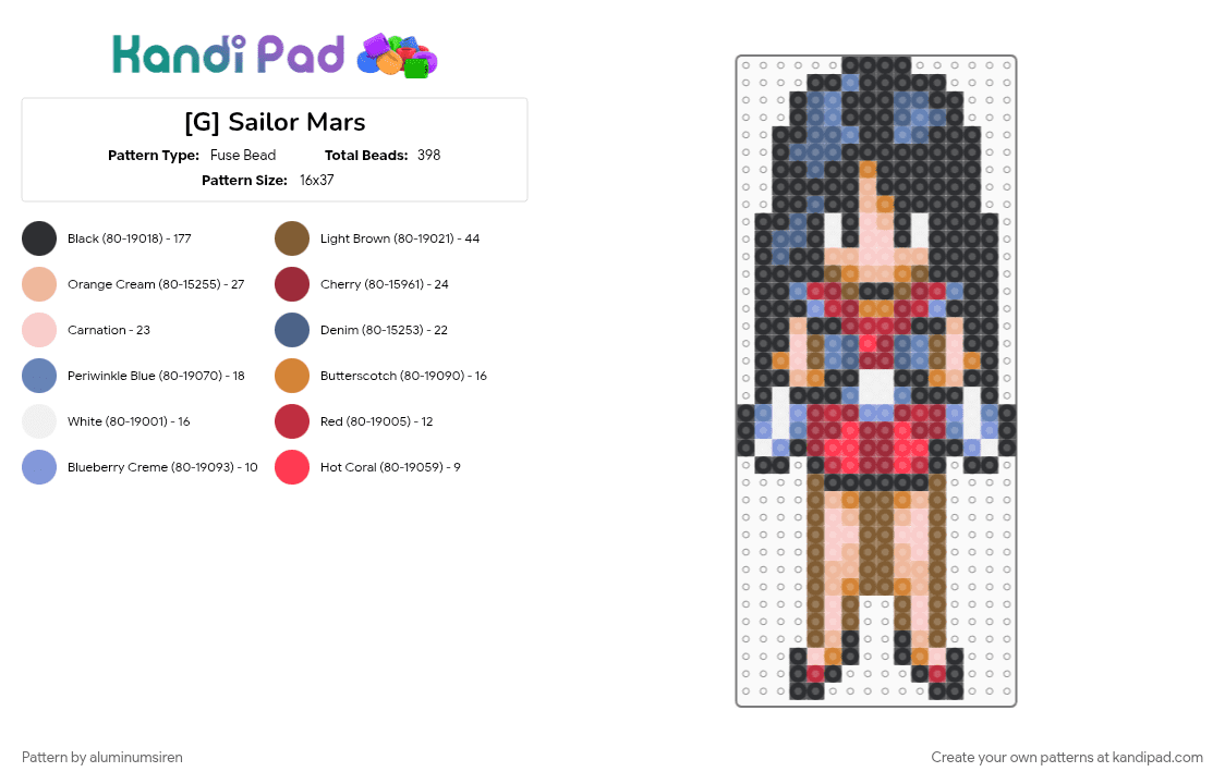 [G] Sailor Mars - Fuse Bead Pattern by aluminumsiren on Kandi Pad - anime, black, blue, colorful, girl, red, rei hino, sailor mars, sailor moon, sailor moon another story, super famicom, superhero