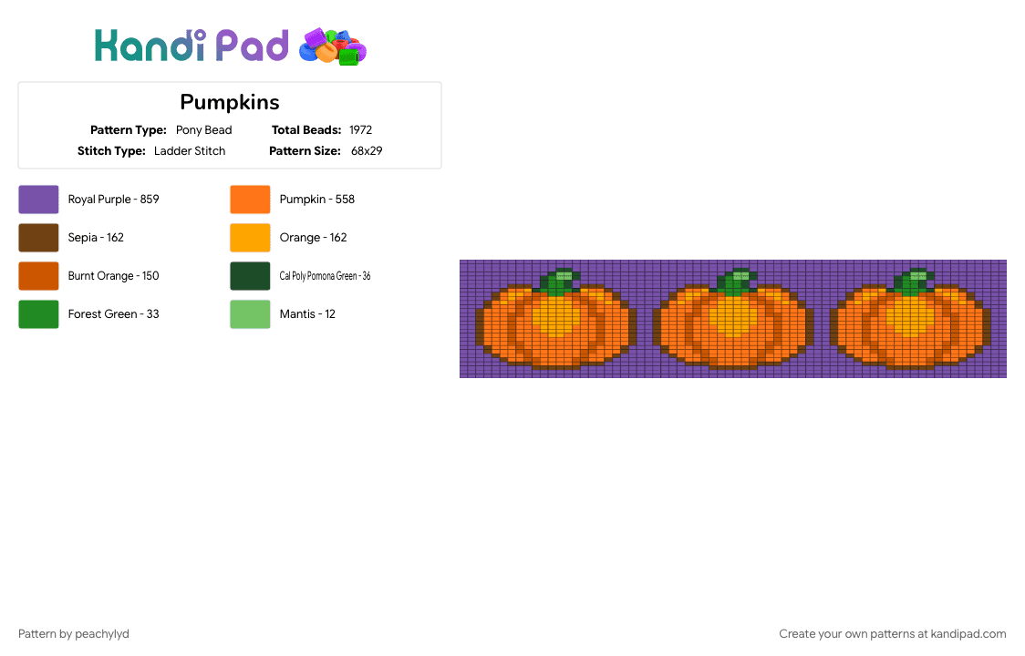 Pumpkins - Pony Bead Pattern by peachylyd on Kandi Pad - autumn, fall, gourd, halloween, jackolantern, orange, pumpkin, pumpkins, purple, spooky