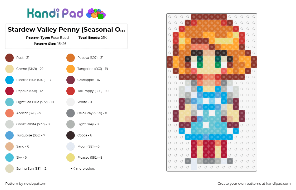 Stardew Valley Penny (Seasonal Outfit Version, Summer) - Fuse Bead Pattern by newbpattern on Kandi Pad - penny,stardew valley,character,video game,light blue,orange