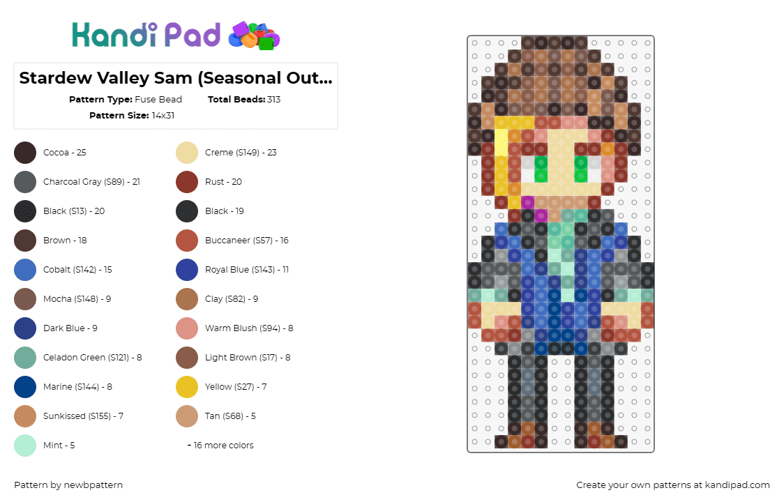 Stardew Valley Sam (Seasonal Outfit, Winter) - Fuse Bead Pattern by newbpattern on Kandi Pad - sam,stardew valley,character,blonde,video game,blue