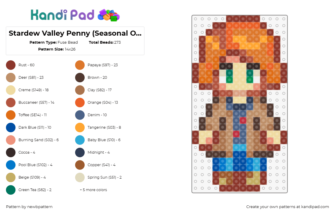 Stardew Valley Penny (Seasonal Outfit, Fall) - Fuse Bead Pattern by newbpattern on Kandi Pad - penny,stardew valley,character,video game,blue,brown,orange