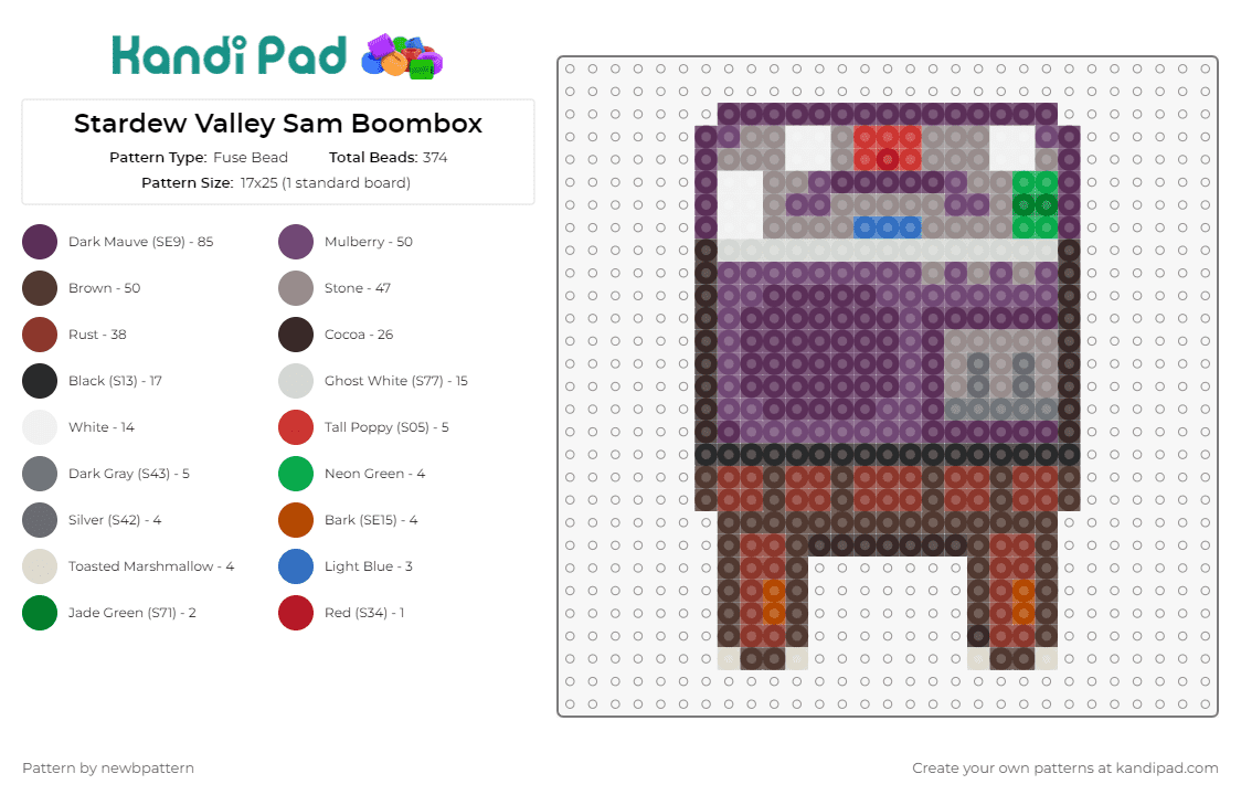 Stardew Valley Sam Boombox - Fuse Bead Pattern by newbpattern on Kandi Pad - boombox,stardew valley,video game,music,purple,brown