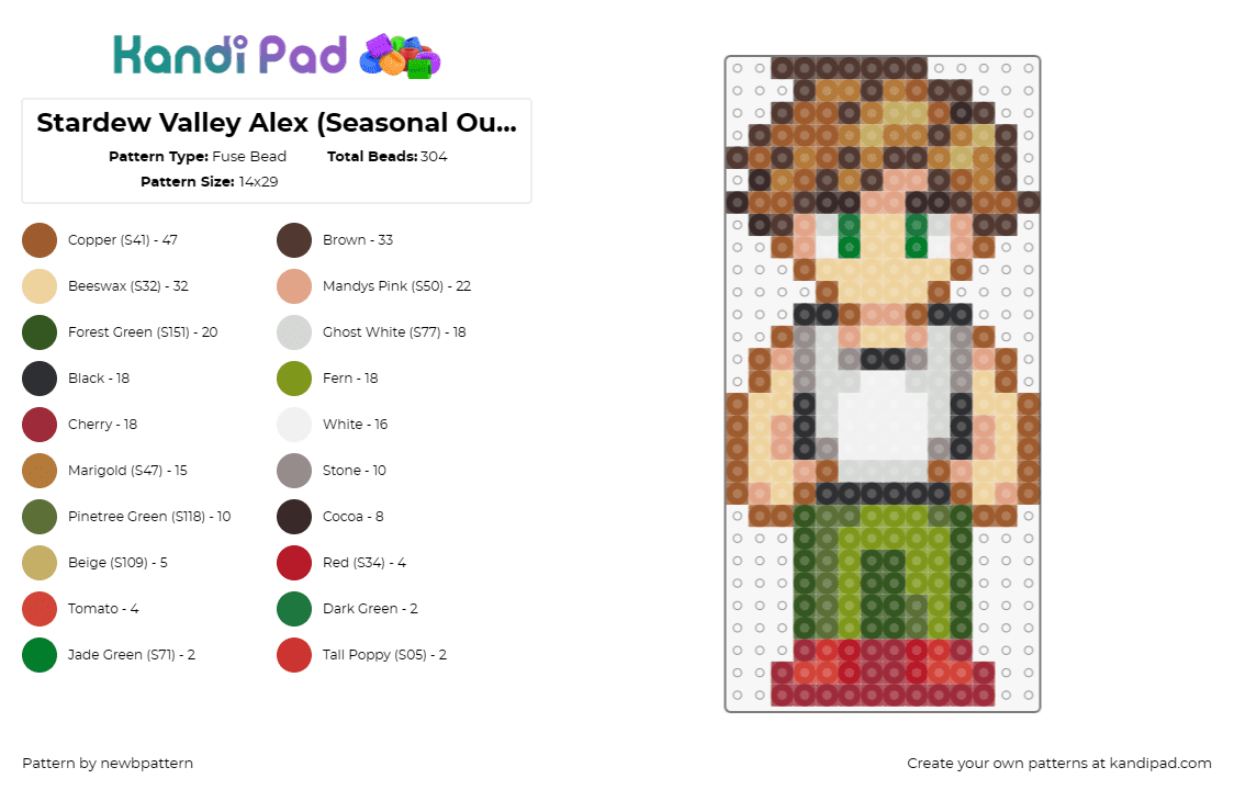 Stardew Valley Alex (Seasonal Outfit, Summer) - Fuse Bead Pattern by newbpattern on Kandi Pad - alex,stardew valley,character,video game,white,green,tan