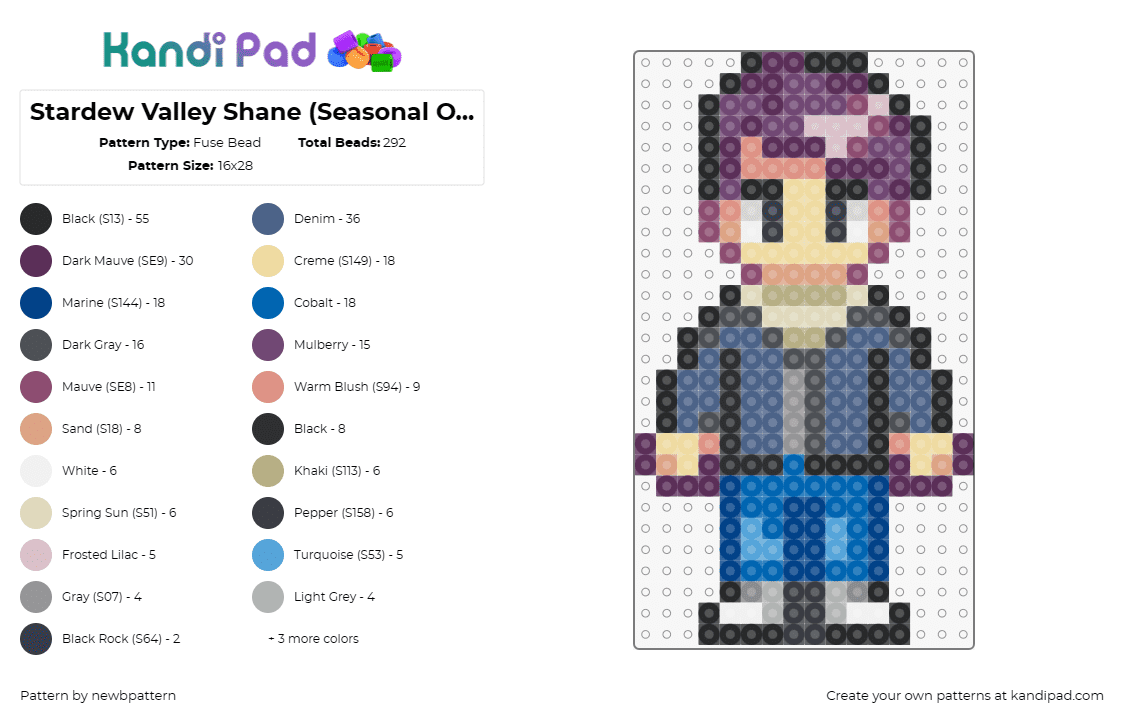 Stardew Valley Shane (Seasonal Outfit, Winter) - Fuse Bead Pattern by newbpattern on Kandi Pad - shane,stardew valley,character,video game,tan,blue,purple