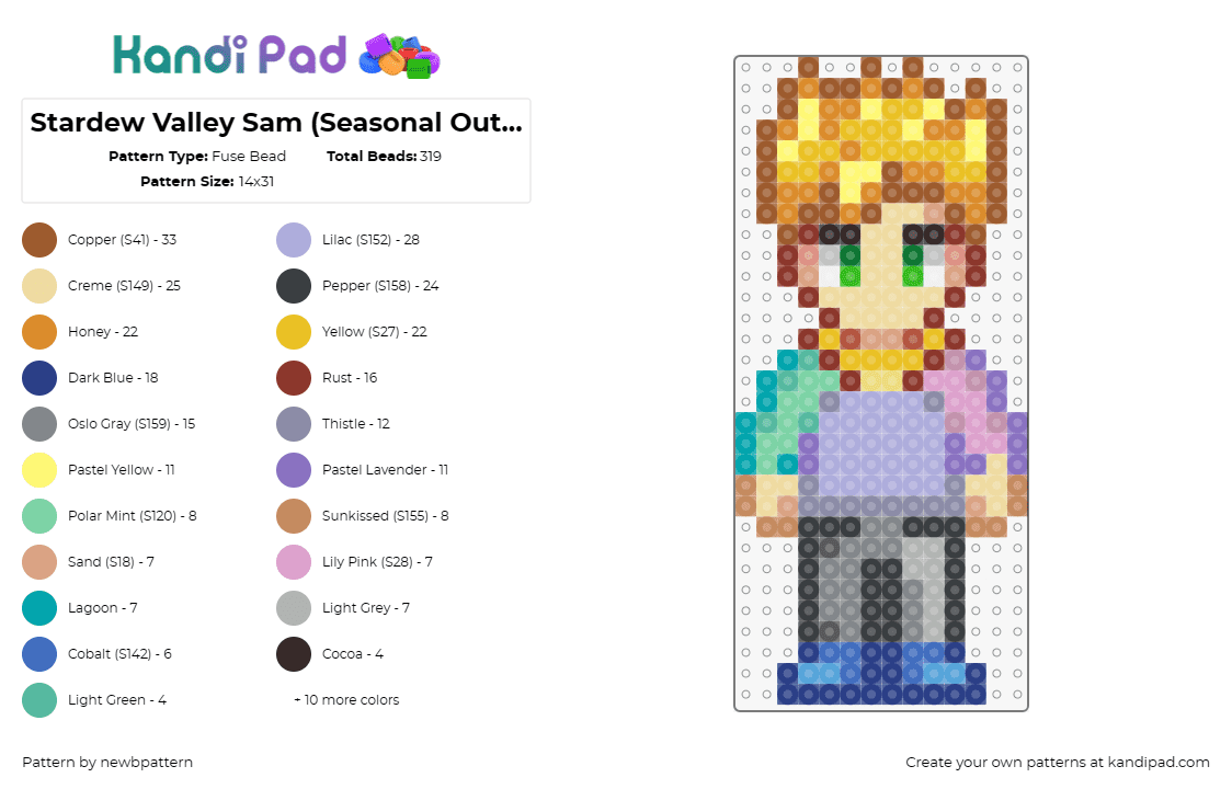 Stardew Valley Sam (Seasonal Outfit) - Fuse Bead Pattern by newbpattern on Kandi Pad - sam,stardew valley,character,blonde,video game,pastel,purple,yellow