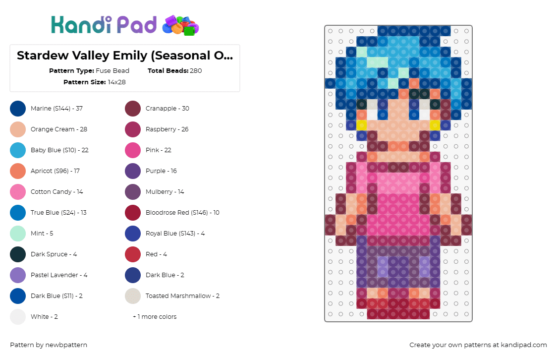 Stardew Valley Emily (Seasonal Outfit, Spring) - Fuse Bead Pattern by newbpattern on Kandi Pad - emily,stardew valley,character,video game,pink,blue