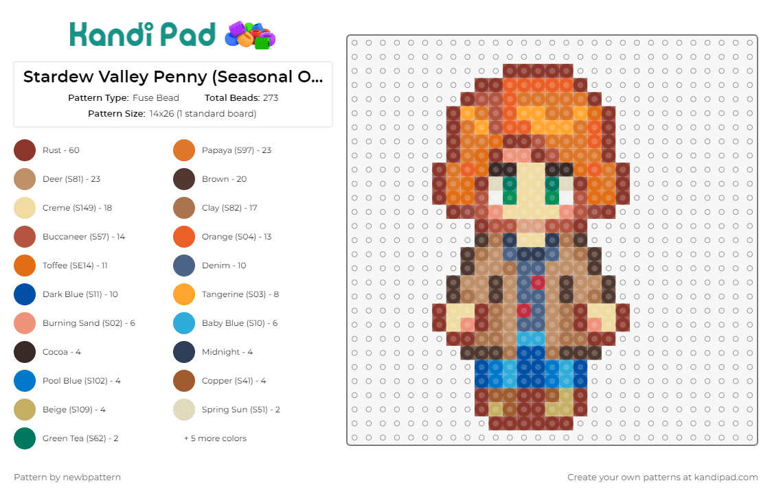 Stardew Valley Penny (Seasonal Outfit, Fall) - Fuse Bead Pattern by newbpattern on Kandi Pad - penny,stardew valley,character,video game,blue,brown,orange