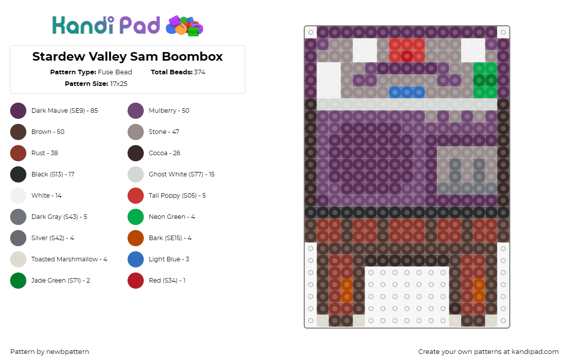 Stardew Valley Sam Boombox - Fuse Bead Pattern by newbpattern on Kandi Pad - boombox,stardew valley,video game,music,purple,brown