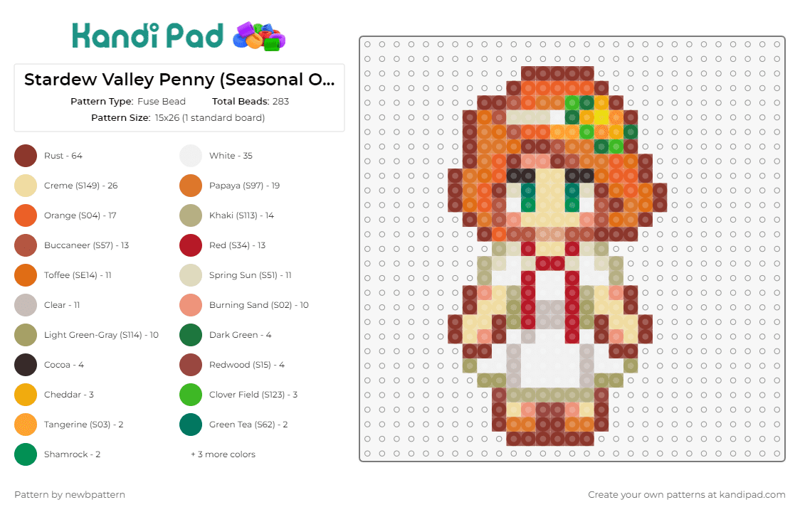 Stardew Valley Penny (Seasonal Outfit, Flower Dance) - Fuse Bead Pattern by newbpattern on Kandi Pad - penny,stardew valley,character,video game,white,orange