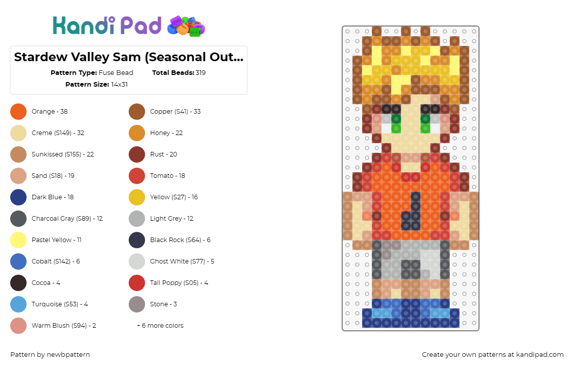 Stardew Valley Sam (Seasonal Outfit, Summer) - Fuse Bead Pattern by newbpattern on Kandi Pad - sam,stardew valley,character,blonde,video game,yellow,orange