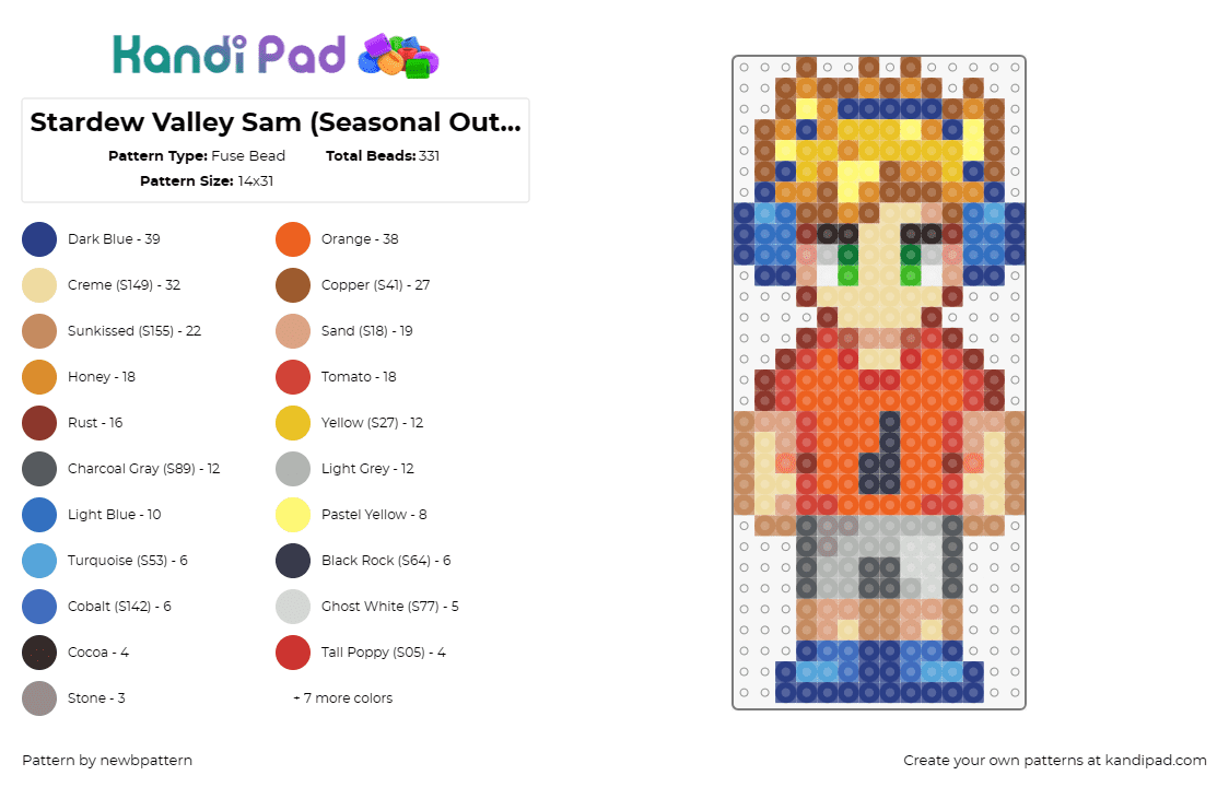 Stardew Valley Sam (Seasonal Outfit, Summer with headphone) - Fuse Bead Pattern by newbpattern on Kandi Pad - sam,stardew valley,character,blonde,headphones,video game,yellow,blue,orange