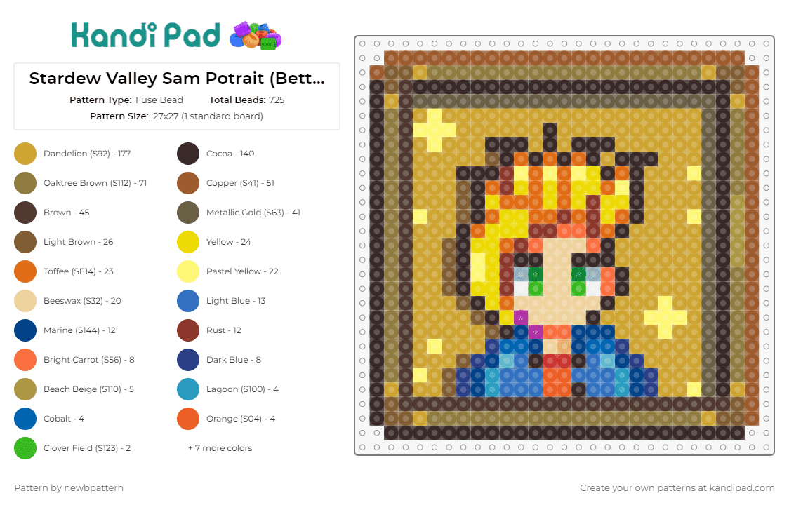 Stardew Valley Sam Potrait (Better Ver) - Fuse Bead Pattern by newbpattern on Kandi Pad - sam,stardew valley,portrait,video game,character,tan,gold,blue