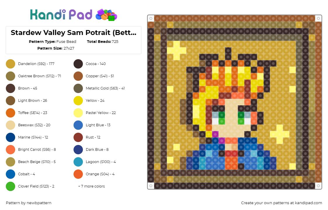 Stardew Valley Sam Potrait (Better Ver) - Fuse Bead Pattern by newbpattern on Kandi Pad - sam,stardew valley,portrait,video game,character,tan,gold,blue