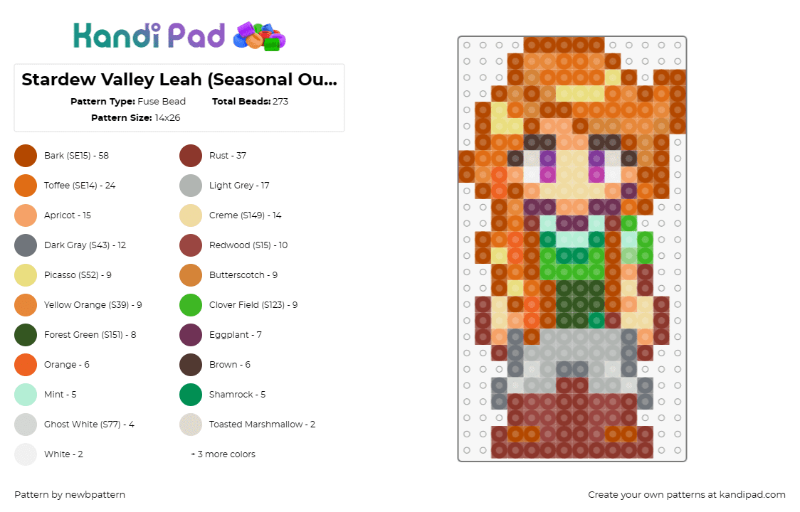 Stardew Valley Leah (Seasonal Outfit, Summer) - Fuse Bead Pattern by newbpattern on Kandi Pad - leah,stardew valley,character,video game,orange,green