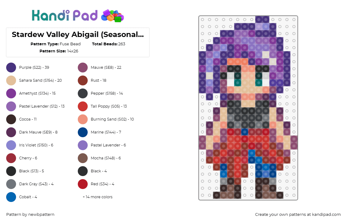 Stardew Valley Abigail (Seasonal Outfit, Summer) - Fuse Bead Pattern by newbpattern on Kandi Pad - abigail,stardew valley,character,video game,purple,red