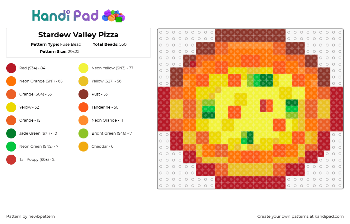 Stardew Valley Pizza - Fuse Bead Pattern by newbpattern on Kandi Pad - pizza,stardew valley,food,video game,orange,yellow