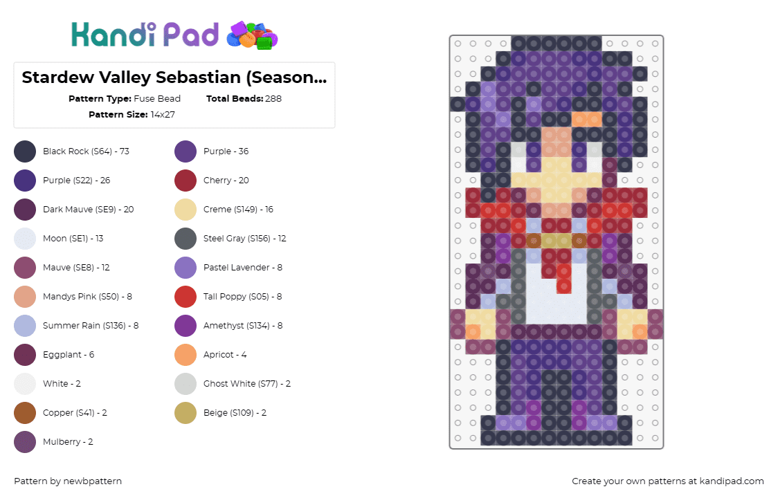 Stardew Valley Sebastian (Seasonal Outfit, Halloween) - Fuse Bead Pattern by newbpattern on Kandi Pad - sebastian,stardew valley,character,video game,purple