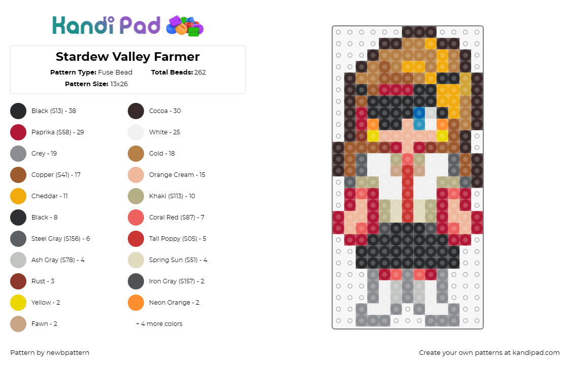 Stardew Valley Farmer - Fuse Bead Pattern by newbpattern on Kandi Pad - farmer,stardew valley,character,video game,tan,gray