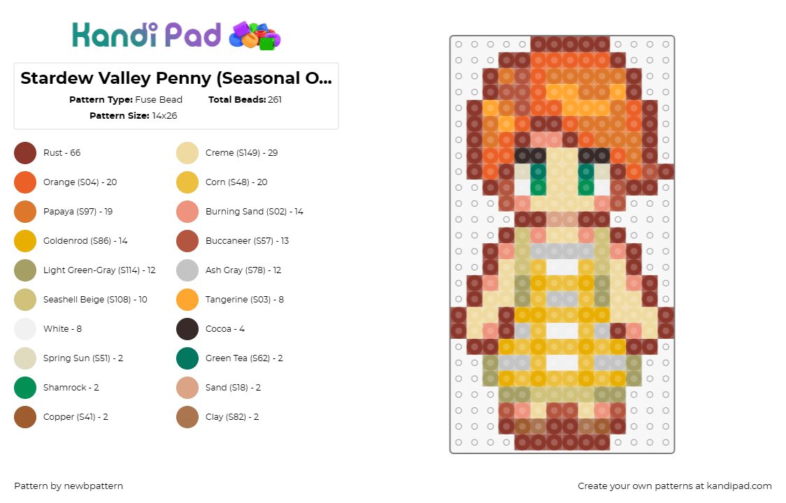 Stardew Valley Penny (Seasonal Outfit, Summer 2) - Fuse Bead Pattern by newbpattern on Kandi Pad - penny,stardew valley,character,video game,yellow,orange