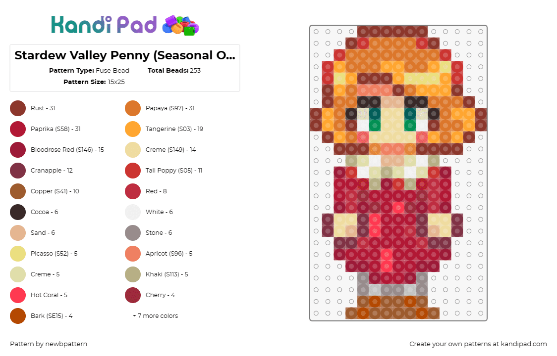 Stardew Valley Penny (Seasonal Outfit Version) - Fuse Bead Pattern by newbpattern on Kandi Pad - penny,stardew valley,character,video game,red,orange