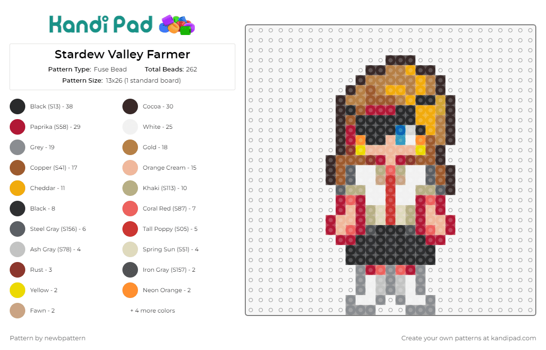 Stardew Valley Farmer - Fuse Bead Pattern by newbpattern on Kandi Pad - farmer,stardew valley,character,video game,tan,gray