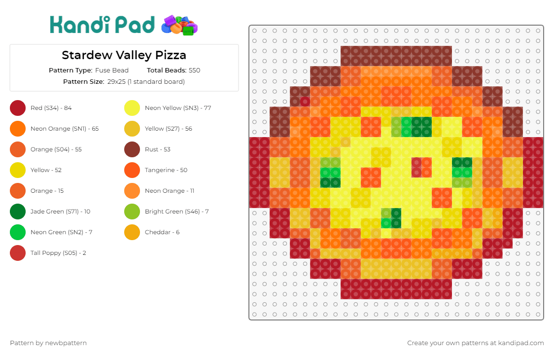 Stardew Valley Pizza - Fuse Bead Pattern by newbpattern on Kandi Pad - pizza,stardew valley,food,video game,orange,yellow