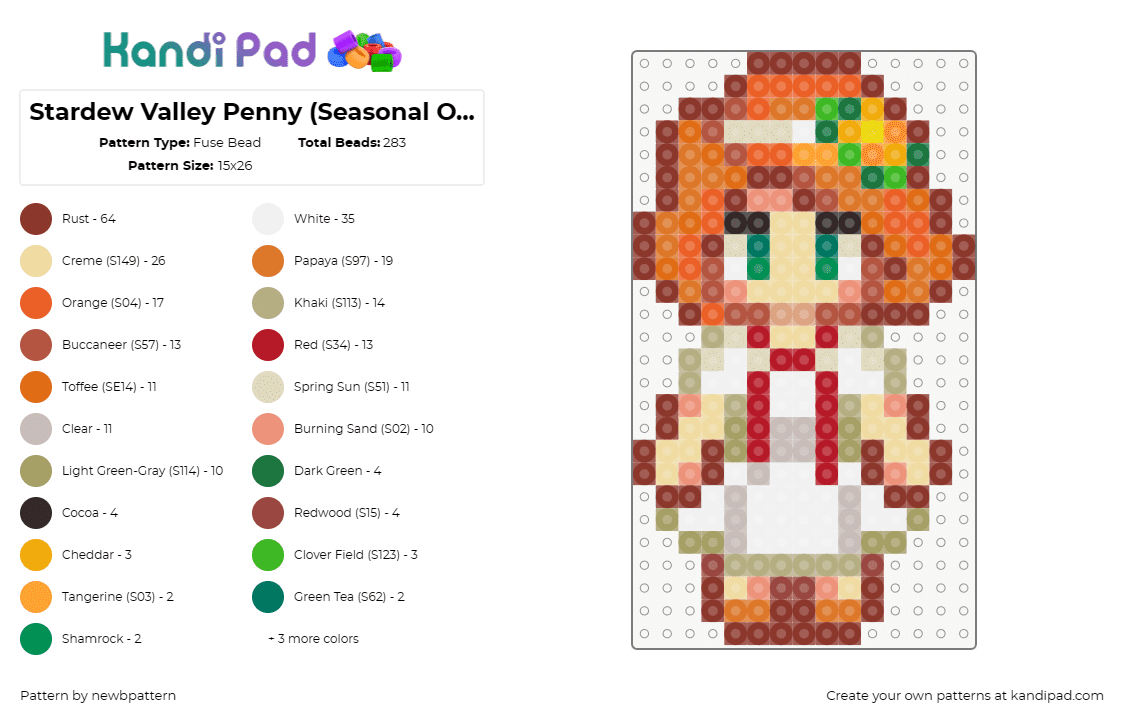 Stardew Valley Penny (Seasonal Outfit, Flower Dance) - Fuse Bead Pattern by newbpattern on Kandi Pad - penny,stardew valley,character,video game,white,orange