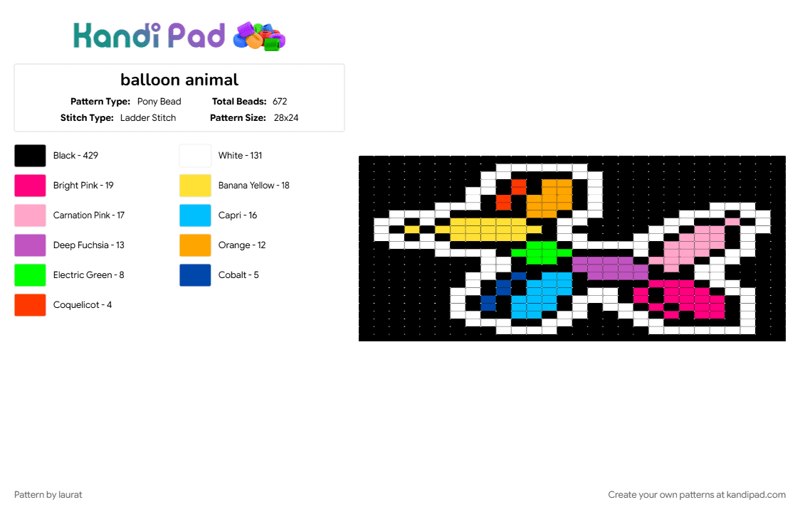 balloon animal - Pony Bead Pattern by laurat on Kandi Pad - black, colorful, pink, white, yellow