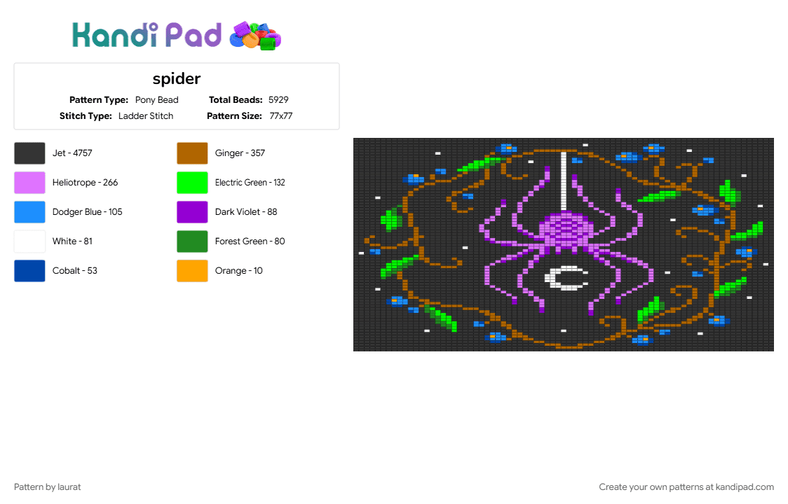 spider - Pony Bead Pattern by laurat on Kandi Pad - black, green, pink, tan