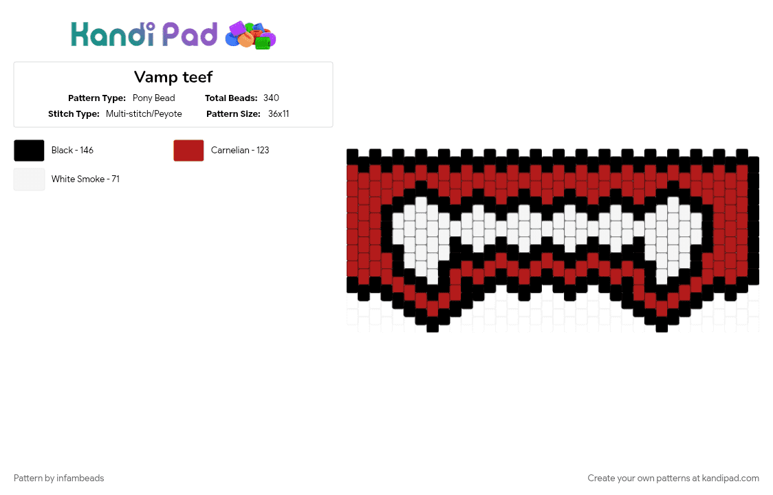 Vamp teef - Pony Bead Pattern by infambeads on Kandi Pad - red, white