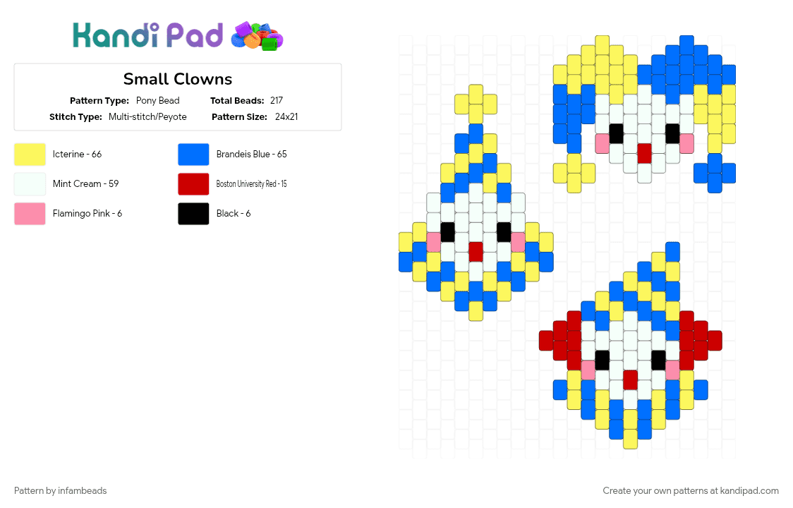 Small Clowns - Pony Bead Pattern by infambeads on Kandi Pad - blue, yellow