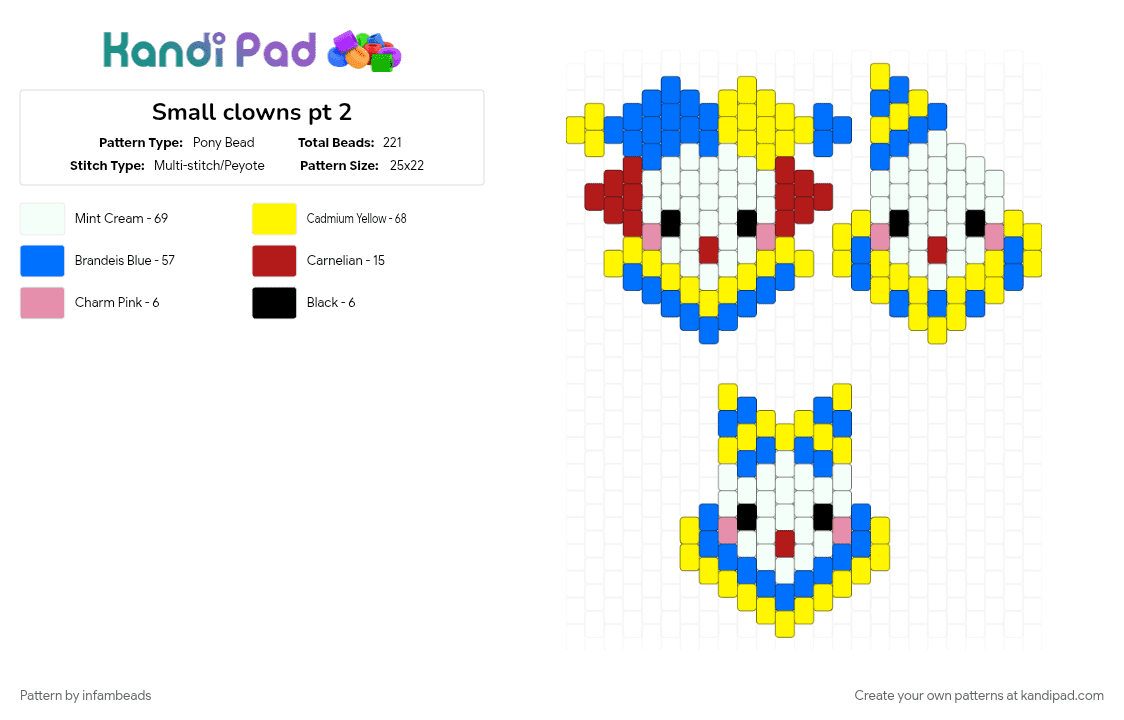 Small clowns pt 2 - Pony Bead Pattern by infambeads on Kandi Pad - blue, yellow