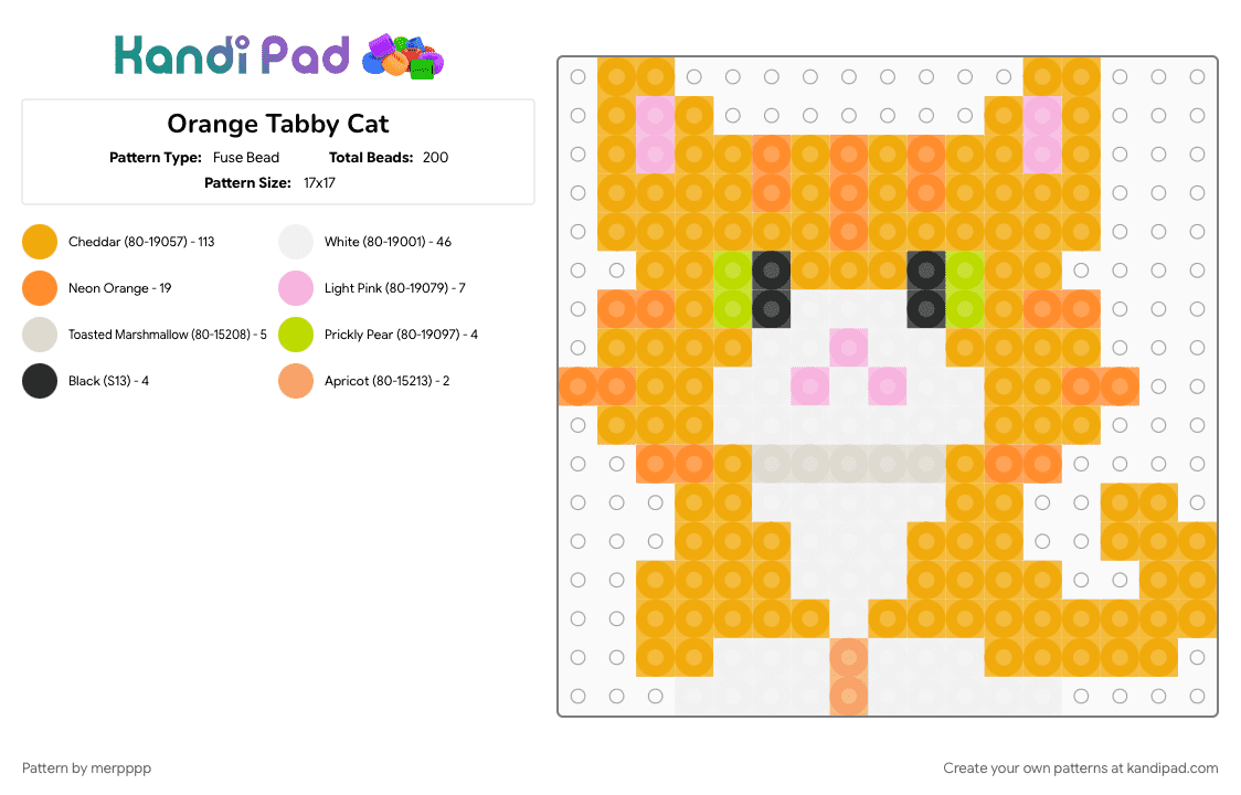 Orange Tabby Cat - Fuse Bead Pattern by merpppp on Kandi Pad - animal, cat, character, charm, cute, orange