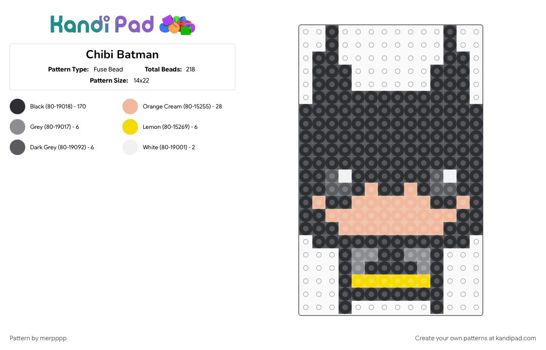 Chibi Batman - Fuse Bead Pattern by merpppp on Kandi Pad - batman, beige, black, character, chibi, dc, gaming, movie, tv show, video game