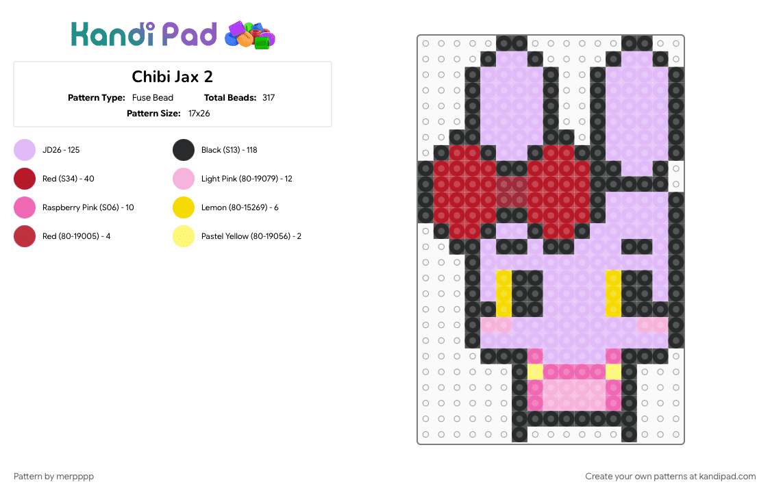 Chibi Jax 2 - Fuse Bead Pattern by merpppp on Kandi Pad - character, chibi, chonky, jax, pink, tadc, tv show