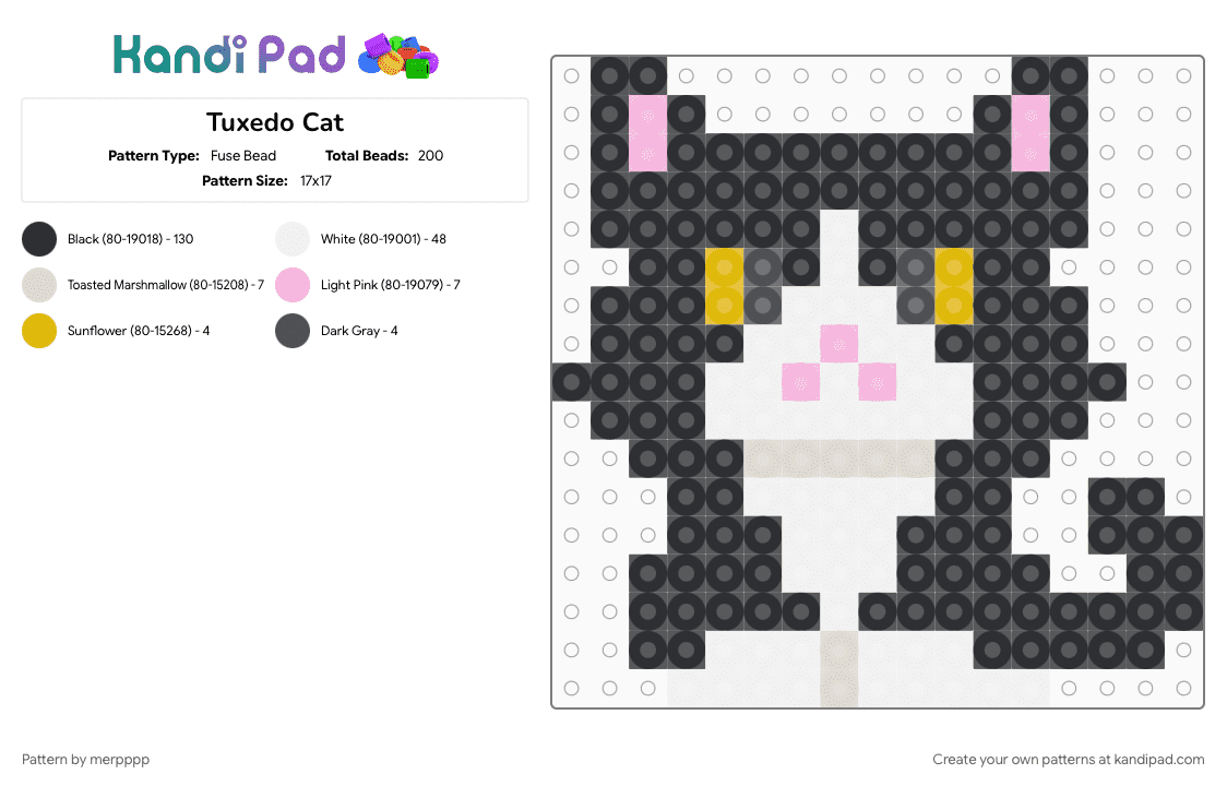 Tuxedo Cat - Fuse Bead Pattern by merpppp on Kandi Pad - animal, animals, beige, black, cat, character, charm, cute, pink, white