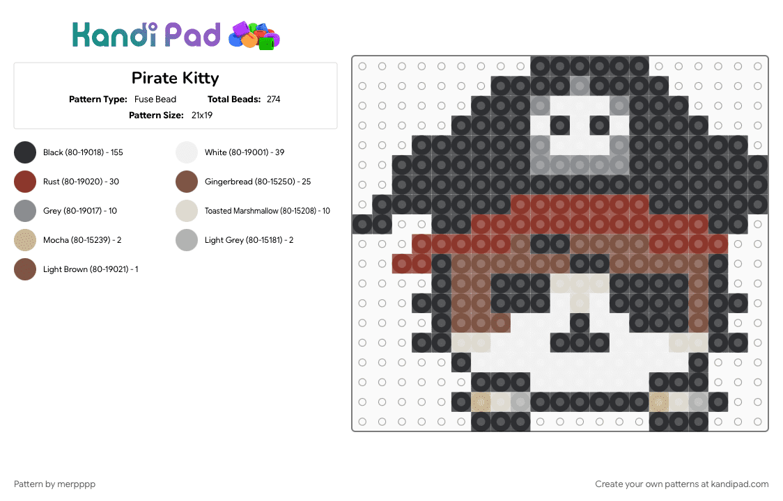 Pirate Kitty - Fuse Bead Pattern by merpppp on Kandi Pad - adventure, animal, animals, black, cat, character, cotdadventure, cute, pirate, red, tan