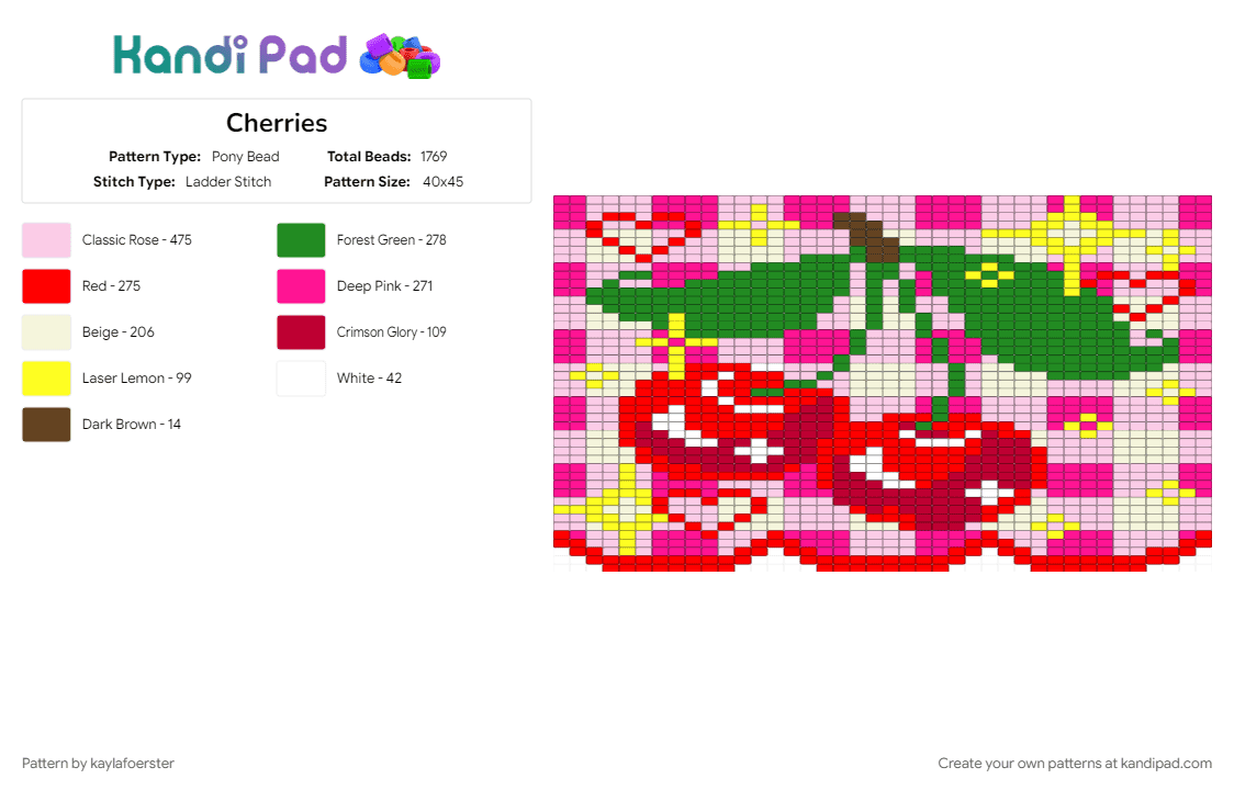 Cherries - Pony Bead Pattern by kaylafoerster on Kandi Pad - pink, red