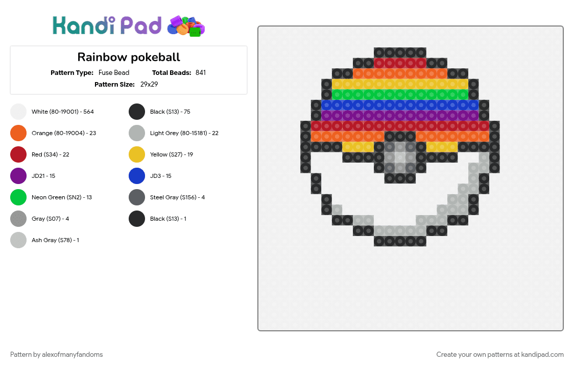 Rainbow pokeball - Fuse Bead Pattern by alexofmanyfandoms on Kandi Pad - colorful, gay, pokeball, queer, rainbow, red, white, yellow