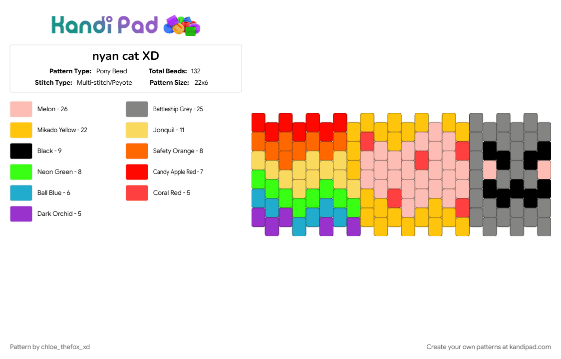 nyan cat XD - Pony Bead Pattern by chloe_thefox_xd on Kandi Pad - beige, cat, gray, nyancat, xd rawr, yellow
