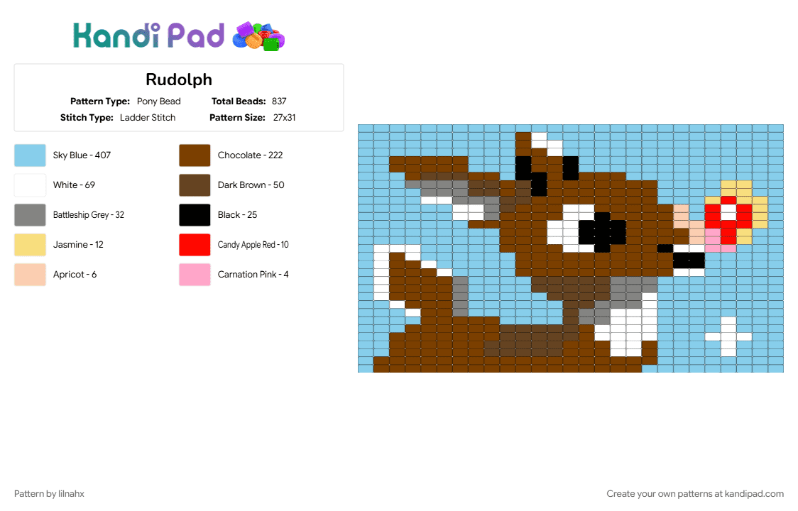 Rudolph - Pony Bead Pattern by lilnahx on Kandi Pad - brown, light blue