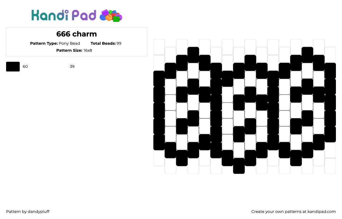 666 charm - Pony Bead Pattern by dandypluff on Kandi Pad - 666,number,mark of the beast,devil,black,white