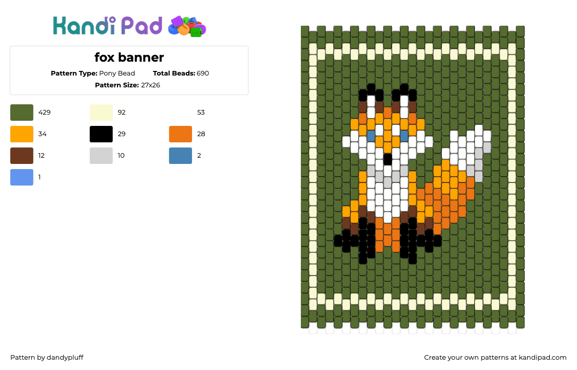 fox banner - Pony Bead Pattern by dandypluff on Kandi Pad - fox,animal,banner,wildlife,cute,tapestry,panel,green,orange,white