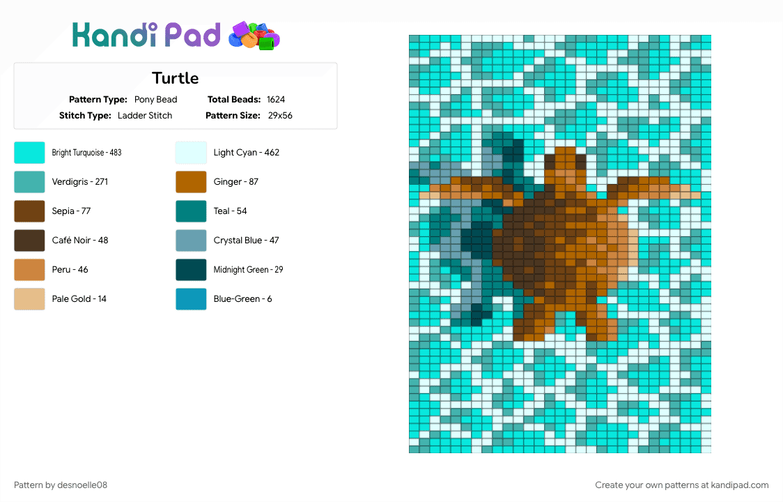 Turtle - Pony Bead Pattern by desnoelle08 on Kandi Pad - light blue, ocean, teal, turtle